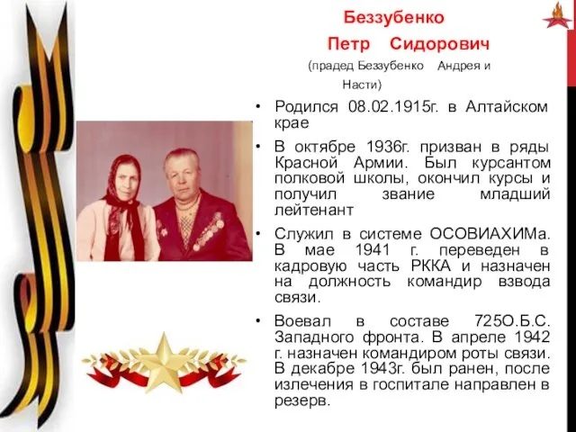 Беззубенко Петр Сидорович (прадед Беззубенко Андрея и Насти) Родился 08.02.1915г. в