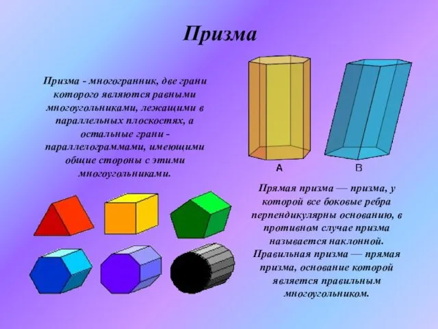 Призма Призма - многогранник, две грани которого являются равными многоугольниками, лежащими