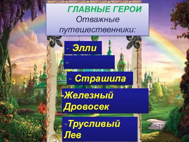 ГЛАВНЫЕ ГЕРОИ Отважные путешественники: - Элли -Тотошка - Страшила Железный Дровосек -Трусливый Лев