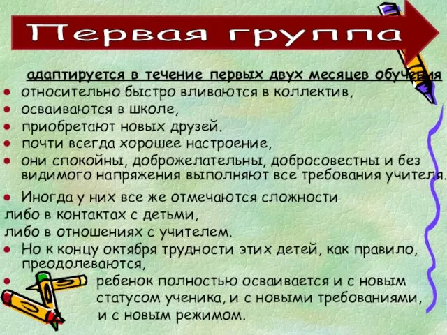 адаптируется в течение первых двух месяцев обучения относительно быстро вливаются в