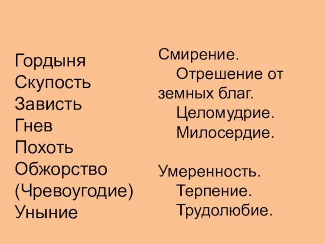 Гордыня Скупость Зависть Гнев Похоть Обжорство (Чревоугодие) Уныние Смирение. Отрешение от