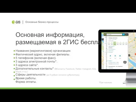 Основная информация, размещаемая в 2ГИС бесплатно Название (маркетинговое) организации. Фактический адрес,
