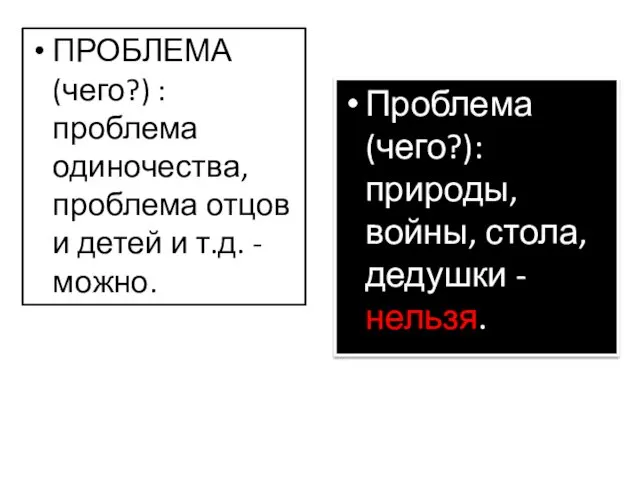 ПРОБЛЕМА (чего?) : проблема одиночества, проблема отцов и детей и т.д.