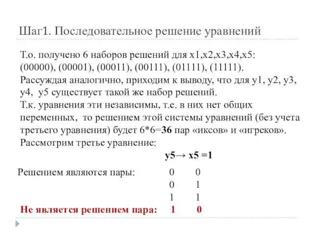 Шаг1. Последовательное решение уравнений Т.о. получено 6 наборов решений для х1,х2,х3,х4,х5: