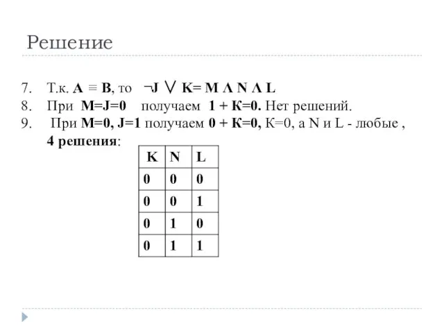 Решение Т.к. A ≡ B, то При M=J=0 получаем 1 +