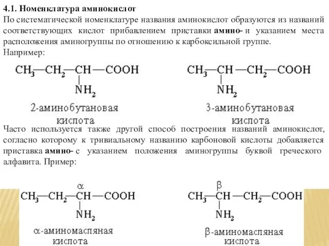 4.1. Номенклатура аминокислот По систематической номенклатуре названия аминокислот образуются из названий