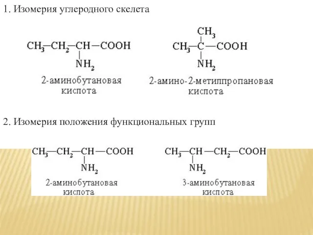 1. Изомерия углеродного скелета 2. Изомерия положения функциональных групп