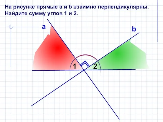 На рисунке прямые а и b взаимно перпендикулярны. Найдите сумму углов