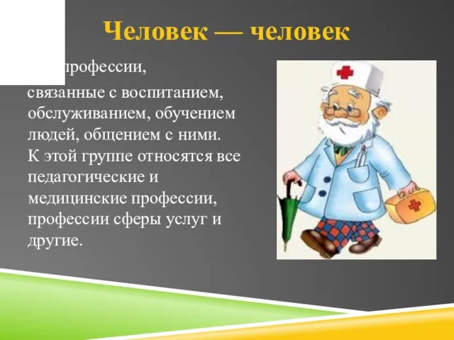 Человек — человек Все профессии, связанные с воспитанием, обслуживанием, обучением людей,