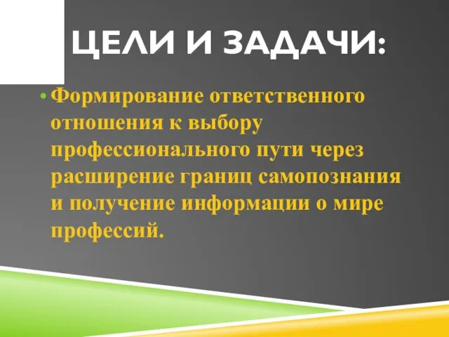 ЦЕЛИ И ЗАДАЧИ: Формирование ответственного отношения к выбору профессионального пути через