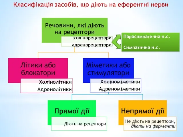 Класифікація засобів, що діють на еферентні нерви Парасимпатична н.с. Симпатична н.с.