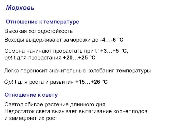 Всходы выдерживают заморозки до -4…-6 °С Морковь Отношение к температуре Высокая