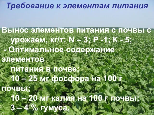 Требование к элементам питания Вынос элементов питания с почвы с урожаем,