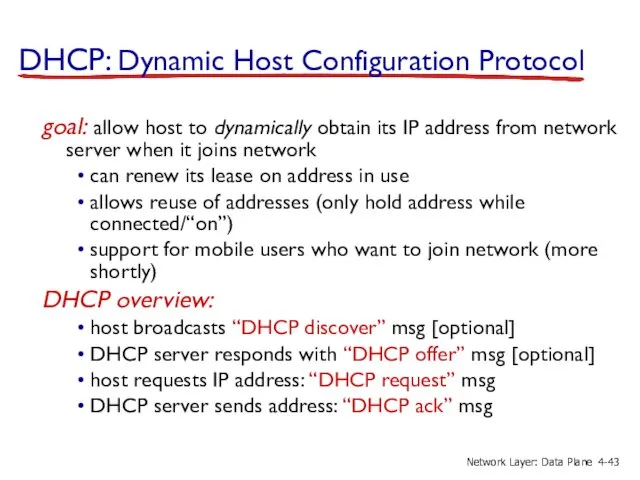 DHCP: Dynamic Host Configuration Protocol goal: allow host to dynamically obtain
