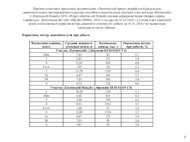 Просим согласовать проектную документацию «Технический проект разработки Караканского каменноугольного месторождения открытым