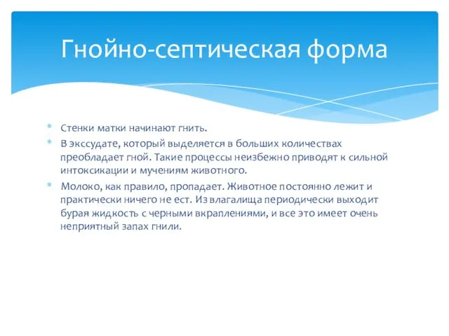 Стенки матки начинают гнить. В экссудате, который выделяется в больших количествах