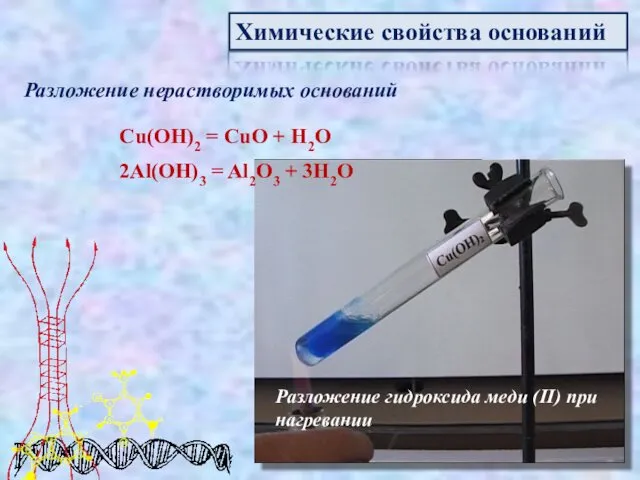 Химические свойства оснований Разложение нерастворимых оснований Cu(OH)2 = CuO + H2O