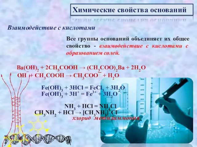 Химические свойства оснований Взаимодействие с кислотами Все группы оснований объединяет их