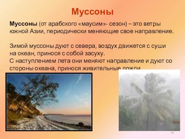 Муссоны Муссоны (от арабского «маусим»- сезон) – это ветры южной Азии,