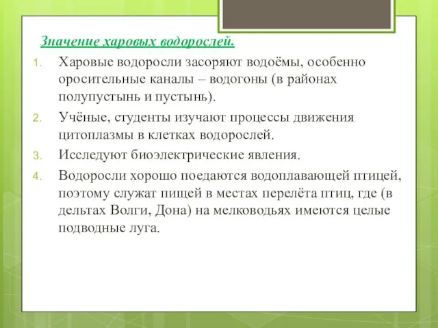 Значение харовых водорослей. Харовые водоросли засоряют водоёмы, особенно оросительные каналы –