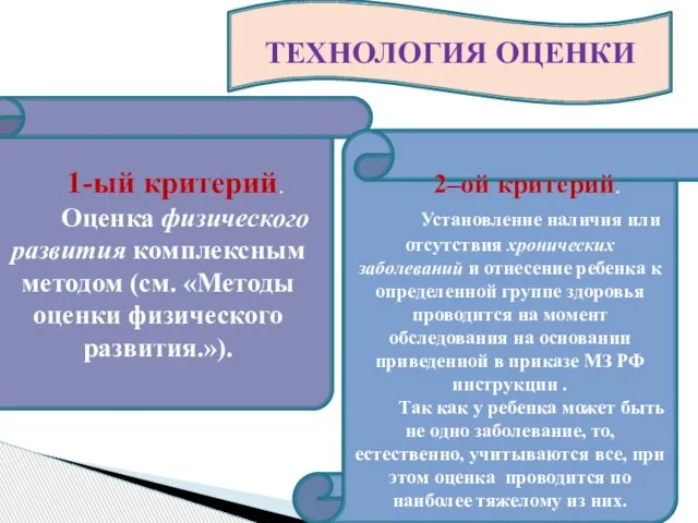 ТЕХНОЛОГИЯ ОЦЕНКИ 1-ый критерий. Оценка физического развития комплексным методом (см. «Методы