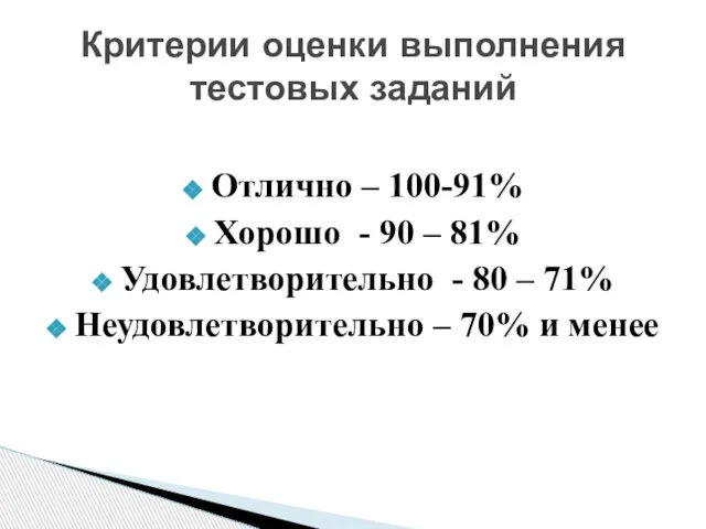 Отлично – 100-91% Хорошо - 90 – 81% Удовлетворительно - 80