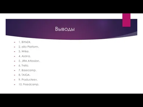 Выводы 1. Bitrix24. 2. eXo Platform. 3. Wrike. 4. Asana. 5.