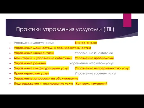 Практики управления услугами (ITIL) Управление доступностью Бизнес-анализ Управление мощностями и производительностью