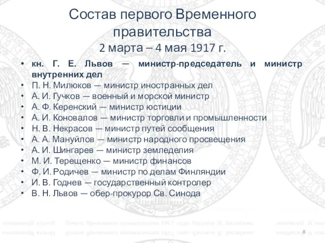 Состав первого Временного правительства 2 марта – 4 мая 1917 г.