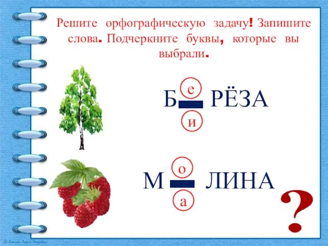 Б РЁЗА е и Решите орфографическую задачу! Запишите слова. Подчеркните буквы, которые вы выбрали.