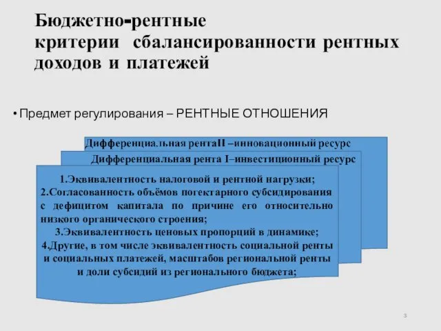 Бюджетно-рентные критерии сбалансированности рентных доходов и платежей Предмет регулирования – РЕНТНЫЕ