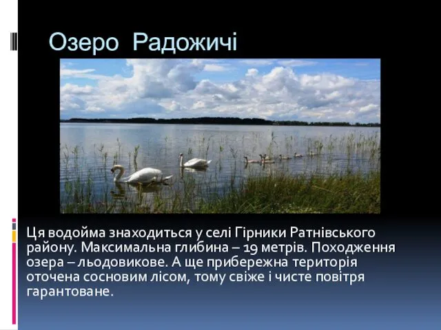 Озеро Радожичі Ця водойма знаходиться у селі Гірники Ратнівського району. Максимальна