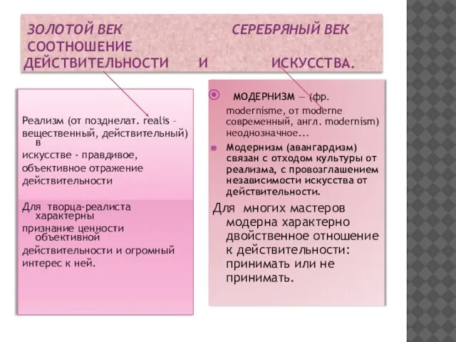 ЗОЛОТОЙ ВЕК СЕРЕБРЯНЫЙ ВЕК СООТНОШЕНИЕ ДЕЙСТВИТЕЛЬНОСТИ И ИСКУССТВА. Реализм (от позднелат.