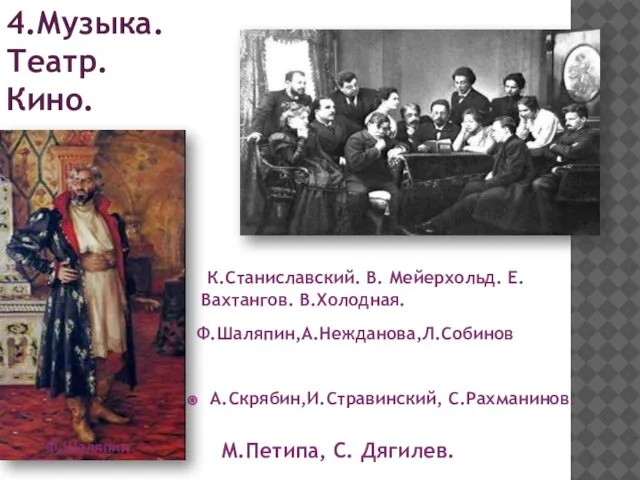 А.Скрябин,И.Стравинский, С.Рахманинов. 4.Музыка. Театр. Кино. К.Станиславский. В. Мейерхольд. Е.Вахтангов. В.Холодная. М.Петипа, С. Дягилев. Ф.Шаляпин Ф.Шаляпин,А.Нежданова,Л.Собинов