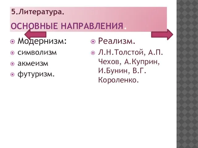 ОСНОВНЫЕ НАПРАВЛЕНИЯ. Модернизм: символизм акмеизм футуризм. Реализм. Л.Н.Толстой, А.П.Чехов, А.Куприн, И.Бунин, В.Г.Короленко. 5.Литература.