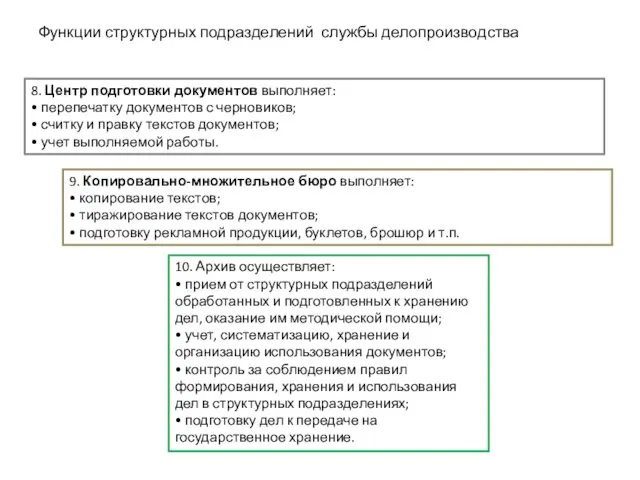 Функции структурных подразделений службы делопроизводства 8. Центр подготовки документов вы­полняет: •