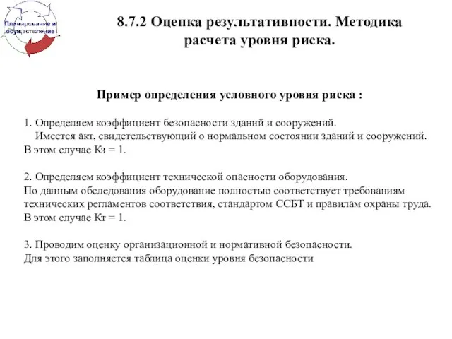 8.7.2 Оценка результативности. Методика расчета уровня риска. Пример определения условного уровня