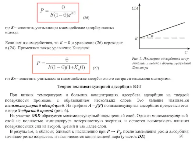 Рис. 5. Изотерма адсорбции в коор- динатах линейной формы уравнения Ленгмюра