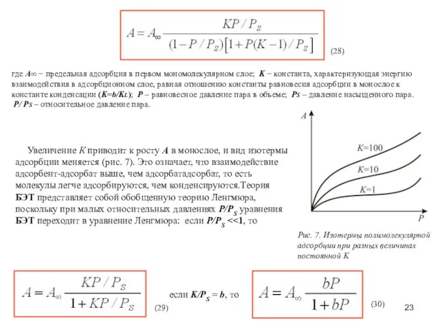 где А∞ − предельная адсорбция в первом мономолекулярном слое; K −