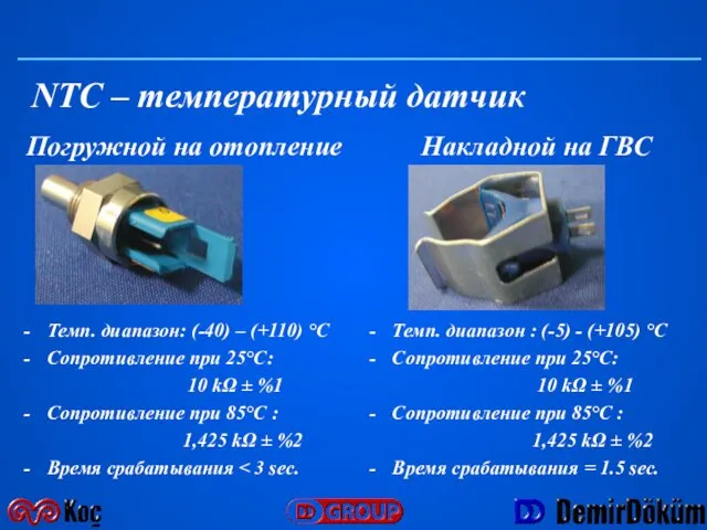 NTC – температурный датчик Погружной на отопление Накладной на ГВС Темп.