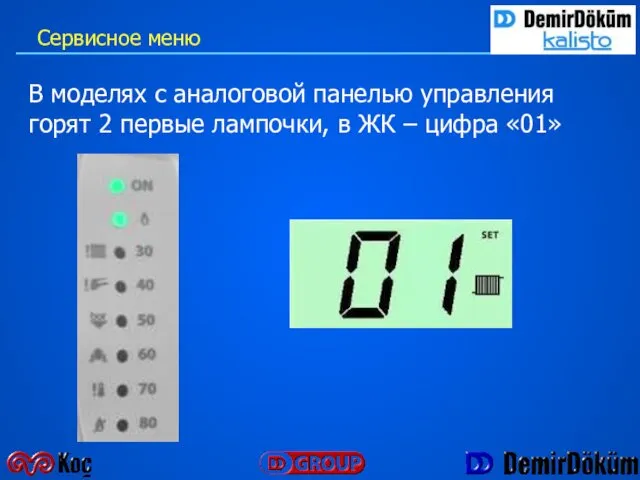 В моделях с аналоговой панелью управления горят 2 первые лампочки, в