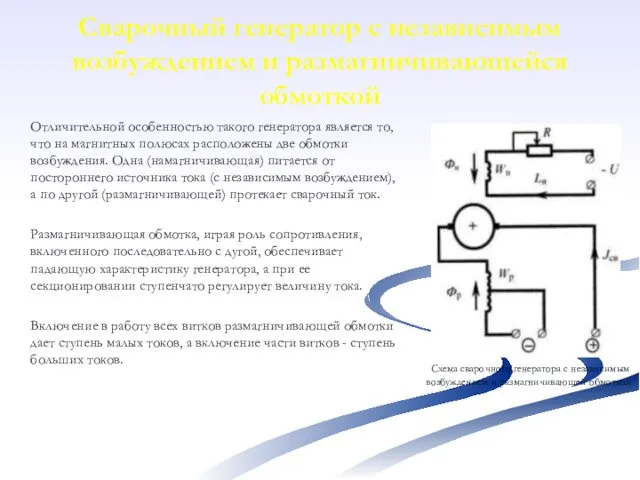 Сварочный генератор с независимым возбуждением и размагничивающейся обмоткой Отличительной особенностью такого