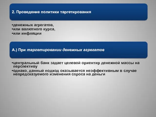 2. Проведение политики таргетирования денежных агрегатов, или валютного курса, или инфляции