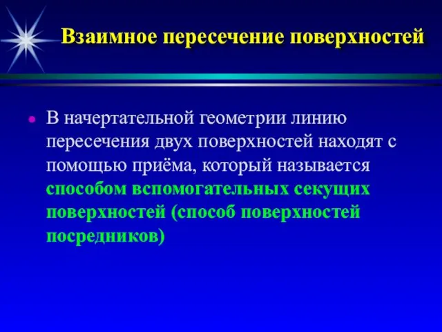 Взаимное пересечение поверхностей В начертательной геометрии линию пересечения двух поверхностей находят