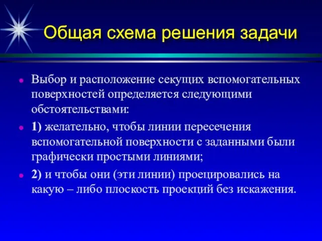 Общая схема решения задачи Выбор и расположение секущих вспомогательных поверхностей определяется