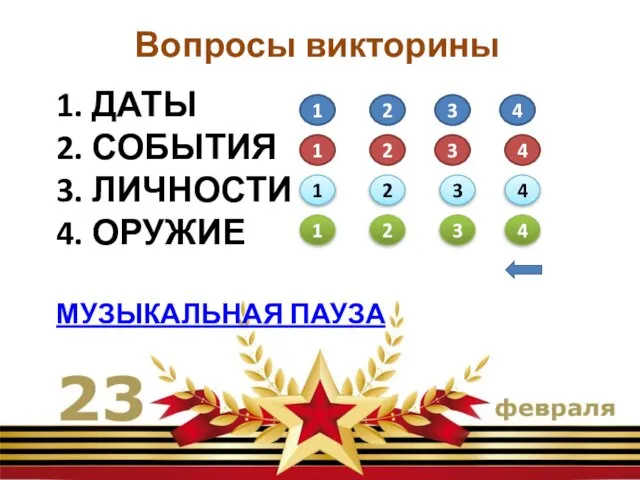 1. ДАТЫ 2. СОБЫТИЯ 3. ЛИЧНОСТИ 4. ОРУЖИЕ МУЗЫКАЛЬНАЯ ПАУЗА Вопросы