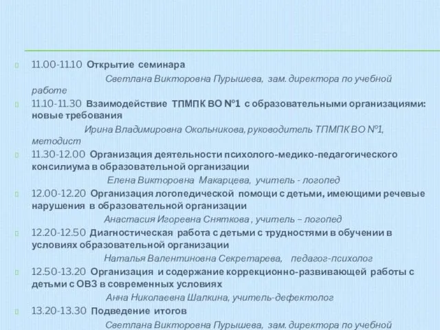 11.00-11.10 Открытие семинара Светлана Викторовна Пурышева, зам. директора по учебной работе