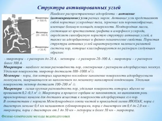 Структура активированных углей Физико-химические методы водоподготовки Наиболее распространенные адсорбенты – активные