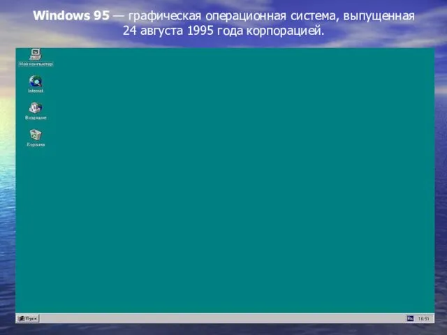 Windows 95 — графическая операционная система, выпущенная 24 августа 1995 года корпорацией.