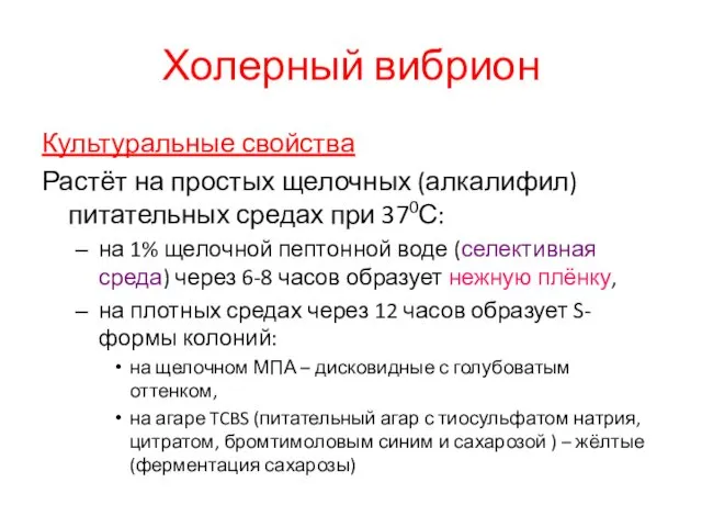 Холерный вибрион Культуральные свойства Растёт на простых щелочных (алкалифил) питательных средах